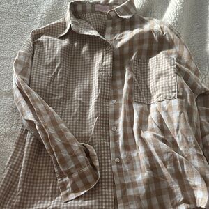 Pink Lily Beige and White Plaid Button-Down Shirt
